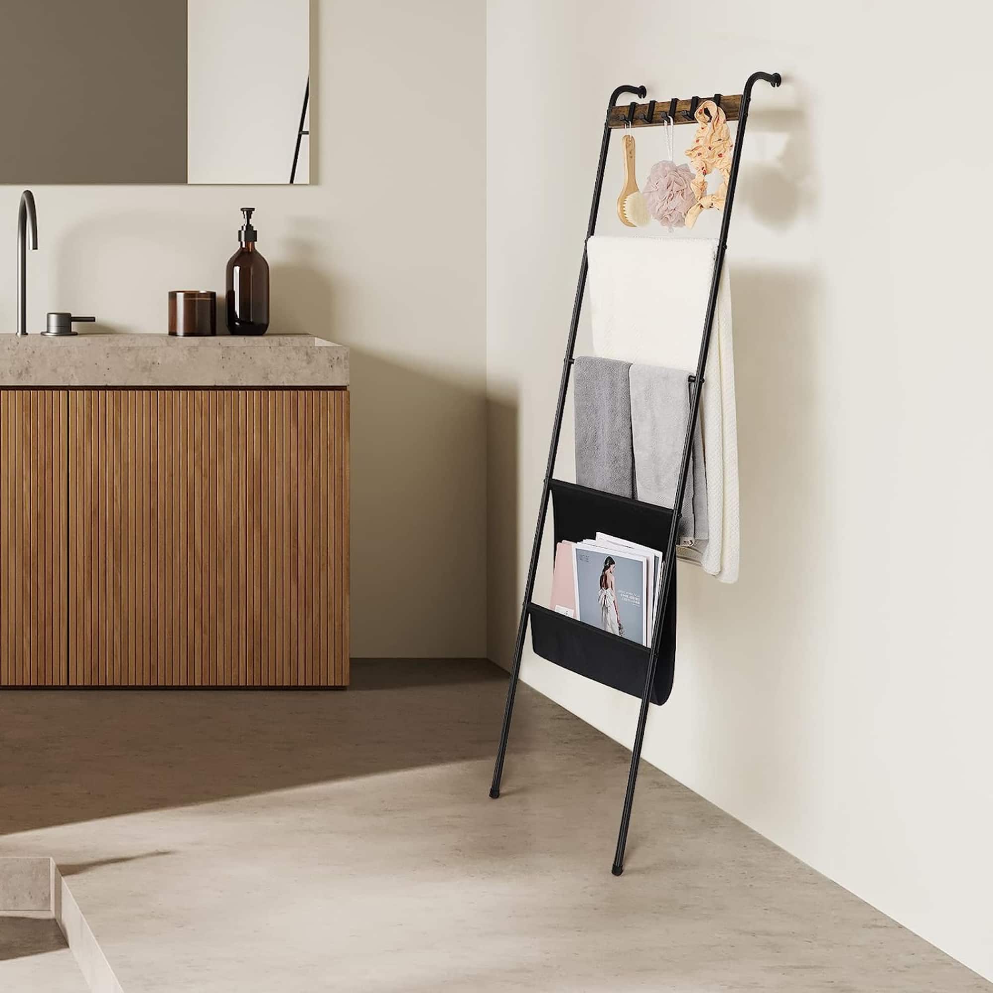 NEX™ 64.5" Farmhouse Decorative Ladder with 5 Hooks & Pocket